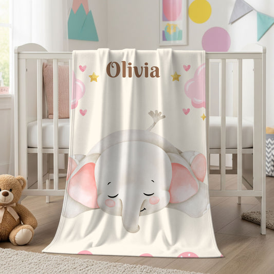 Personalized Baby Elephant Plush Blanket, Soft Nursery Throw, Gift for Newborn, Baby Shower, Child's Room Decor, Cozy Bedding