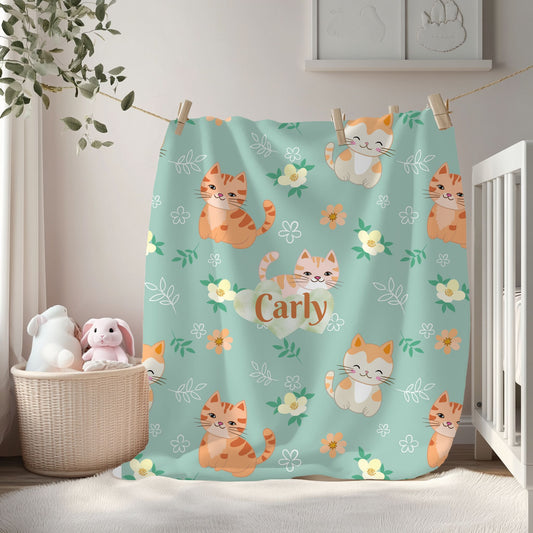 Personalized Cat Plush Blanket, Cozy Throw for Cat Lovers, Gift for Kids, Custom Name Blanket, Cat Lover Home Decor, Cute Floral Blanket