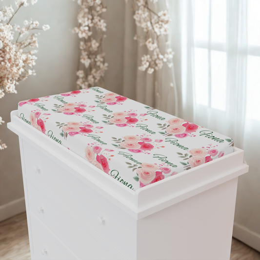 Personalized Floral Baby Changing Pad Cover – Pink Rose Name Print