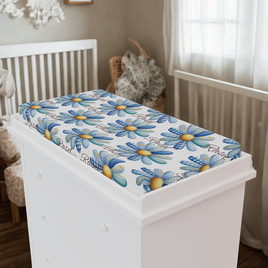 Changing Pad Cover — Blue Daisy Floral Print with "Baby" Script