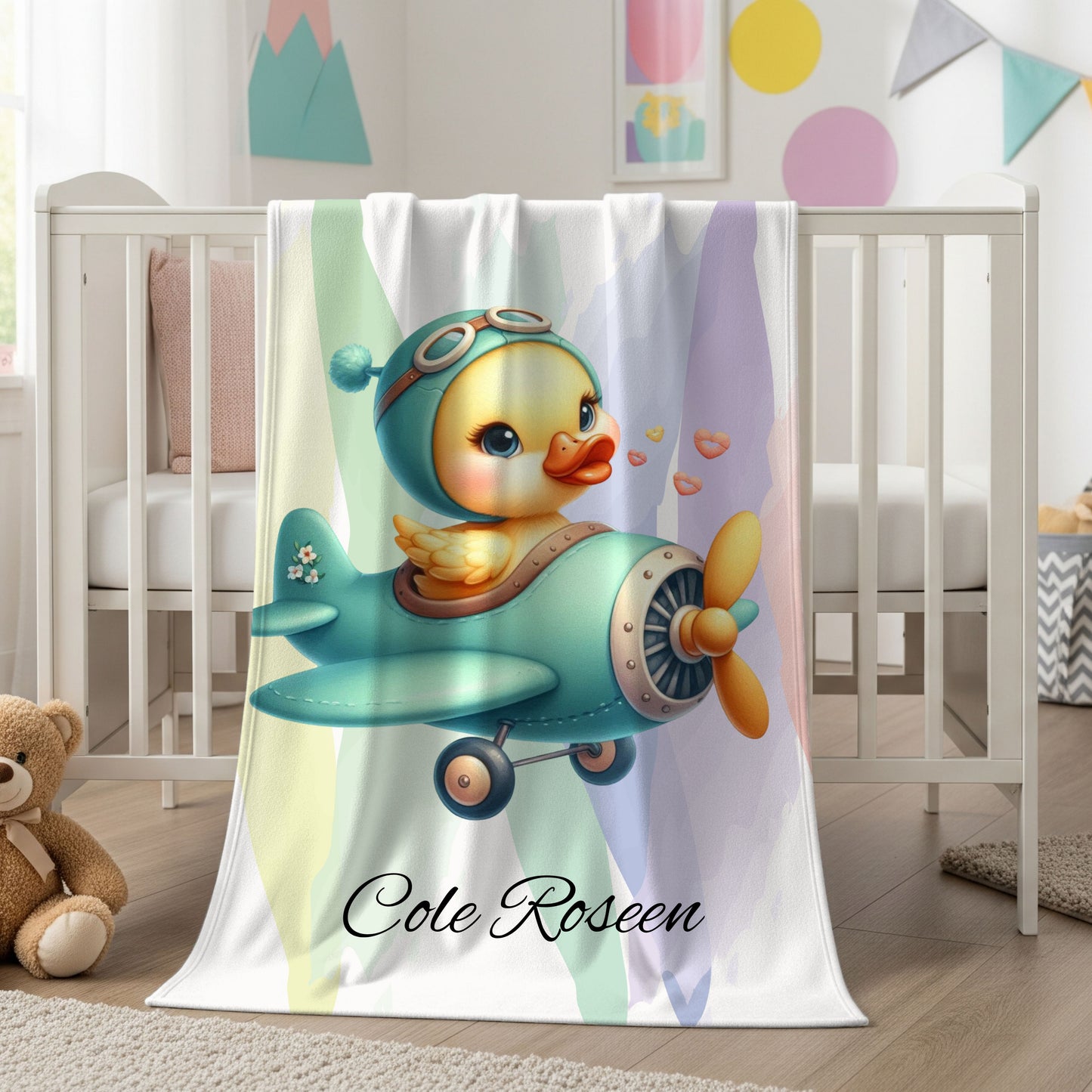 Cozy Velveteen Plush Blanket with Cute Duckling Airplane Design, Personalized Baby Gift, Nursery Decor, Kids Blanket, Baby Shower Present
