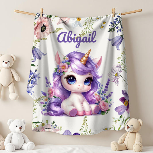 Personalized Unicorn Plush Blanket, Cozy Child's Blanket, Gift for Kids, Floral Throw, Child's Room Decor, Baby Shower Gift