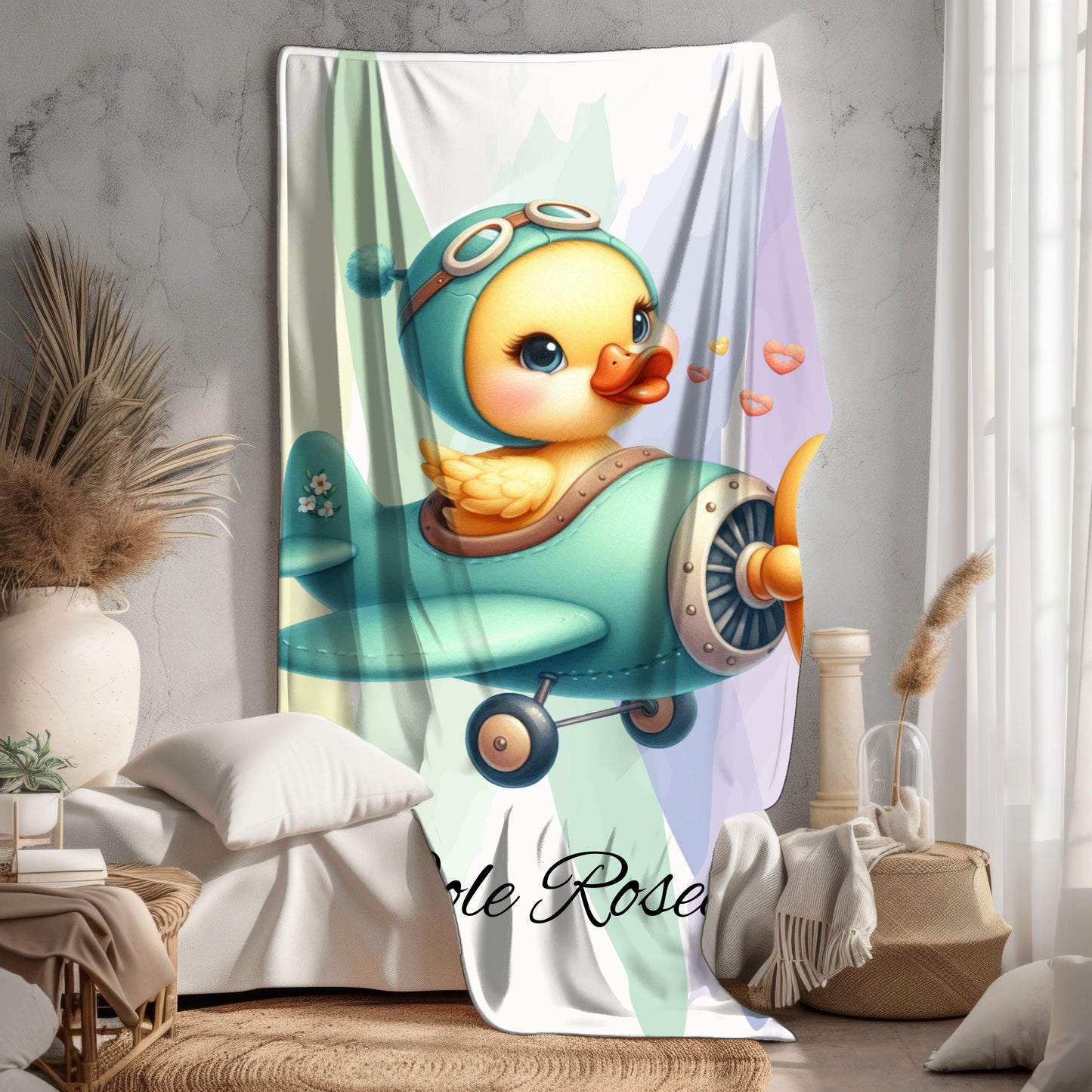 Cozy Velveteen Plush Blanket with Cute Duckling Airplane Design, Personalized Baby Gift, Nursery Decor, Kids Blanket, Baby Shower Present