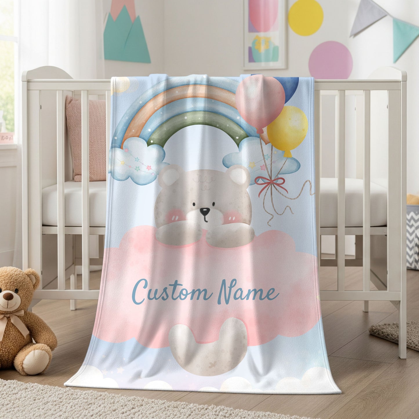 Custom Plush Blanket with Rainbow Bear Design, Soft Throw Blanket, Cozy Baby Blanket, Personalized Gift, Cute Nursery Decor