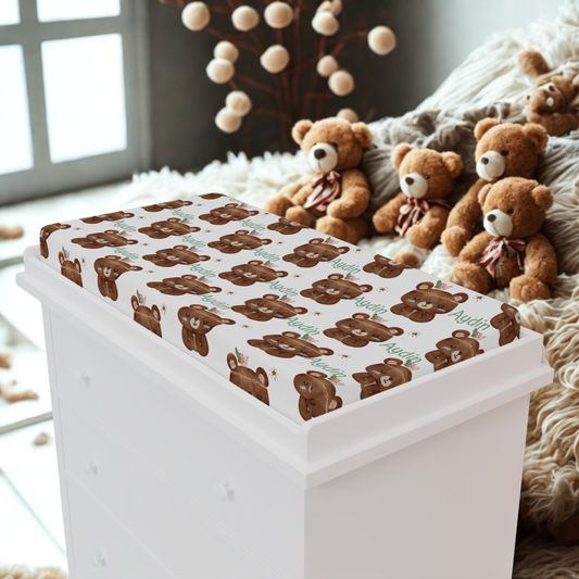 Personalized Bear Pattern Baby Changing Pad Cover — Custom Name Nursery Accessory
