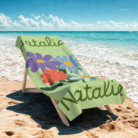 Personalized Floral Beach Towel – Custom Name Natalia, Pastel Green Summer Towel