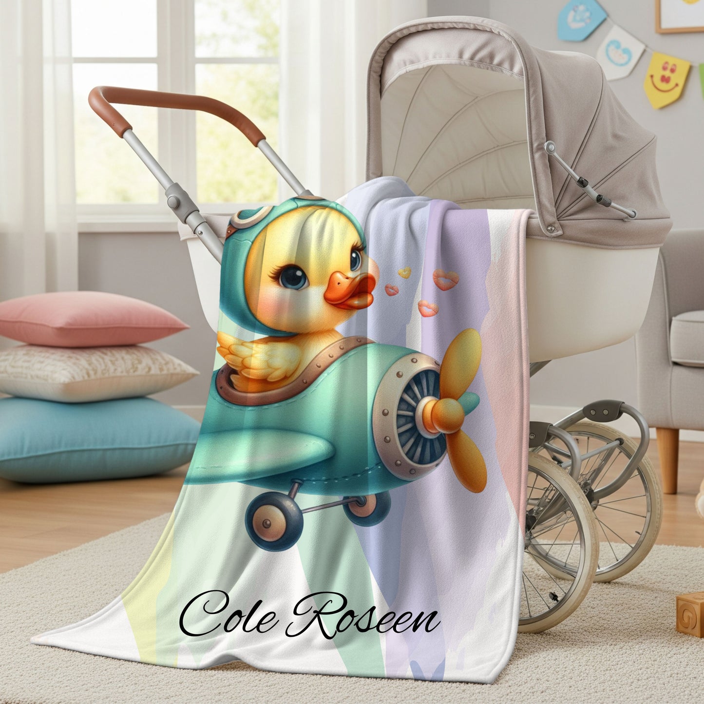 Cozy Velveteen Plush Blanket with Cute Duckling Airplane Design, Personalized Baby Gift, Nursery Decor, Kids Blanket, Baby Shower Present