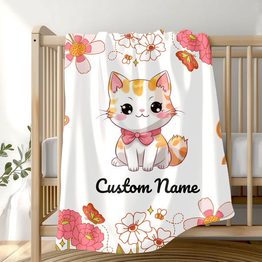 Custom Cat Plush Blanket, Personalized Velveteen Blanket for Kids, Cozy Cat Themed Gift, Baby Shower Blanket, Floral Comfort Throw