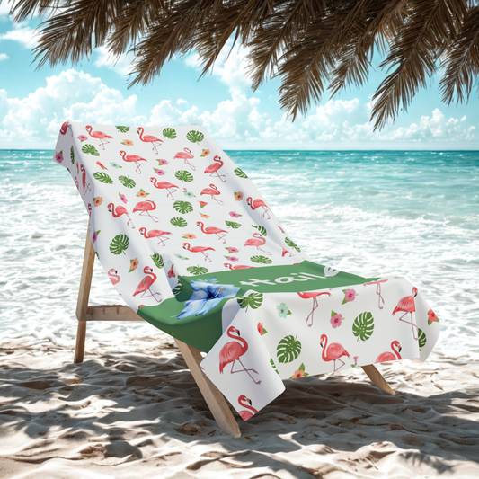 Personalized Flamingo Beach Towel — Tropical Hibiscus Name Towel