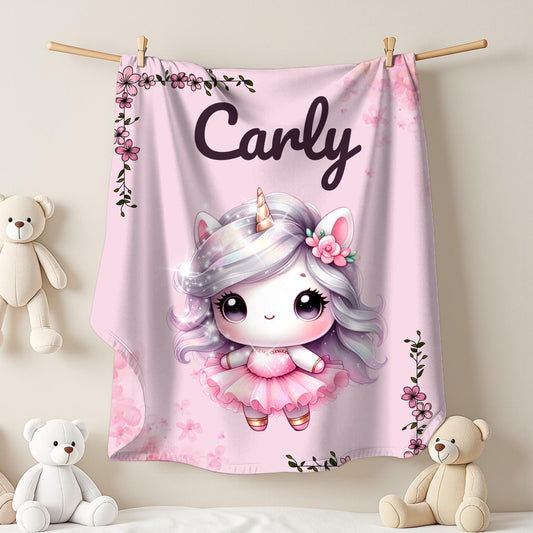 Customized Unicorn Velveteen Plush Blanket, Kid's Gift, Nursery Decor, Cozy Throw, Personalized Blanket, Birthday Present