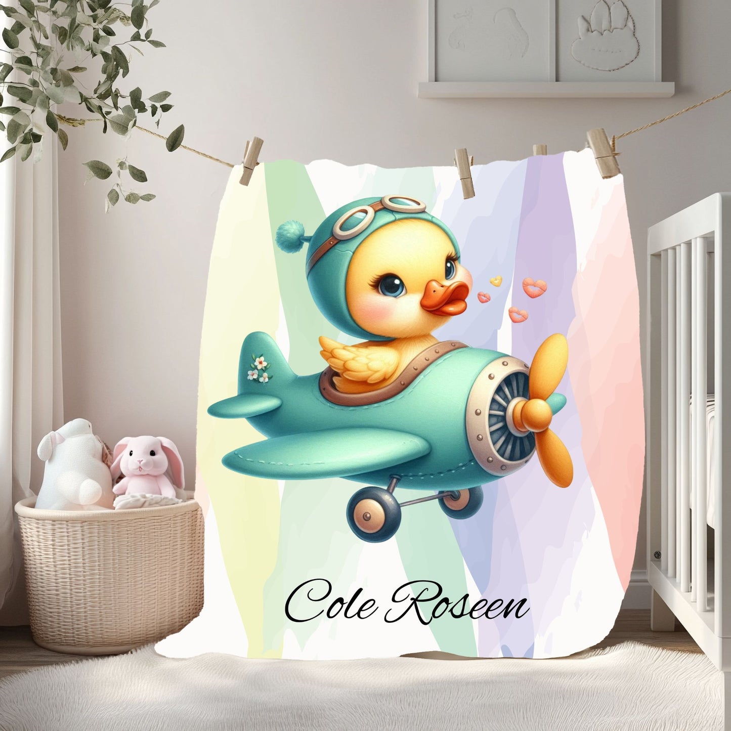Cozy Velveteen Plush Blanket with Cute Duckling Airplane Design, Personalized Baby Gift, Nursery Decor, Kids Blanket, Baby Shower Present