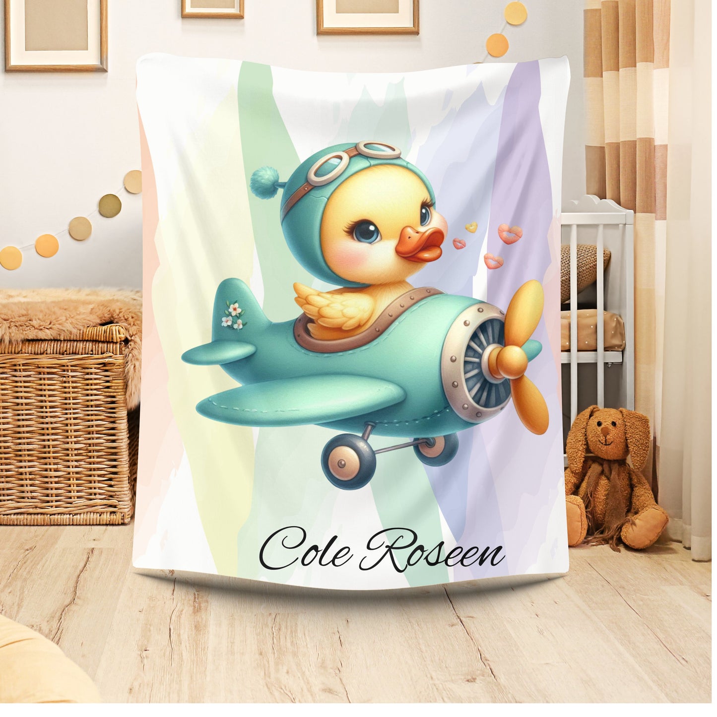 Cozy Velveteen Plush Blanket with Cute Duckling Airplane Design, Personalized Baby Gift, Nursery Decor, Kids Blanket, Baby Shower Present