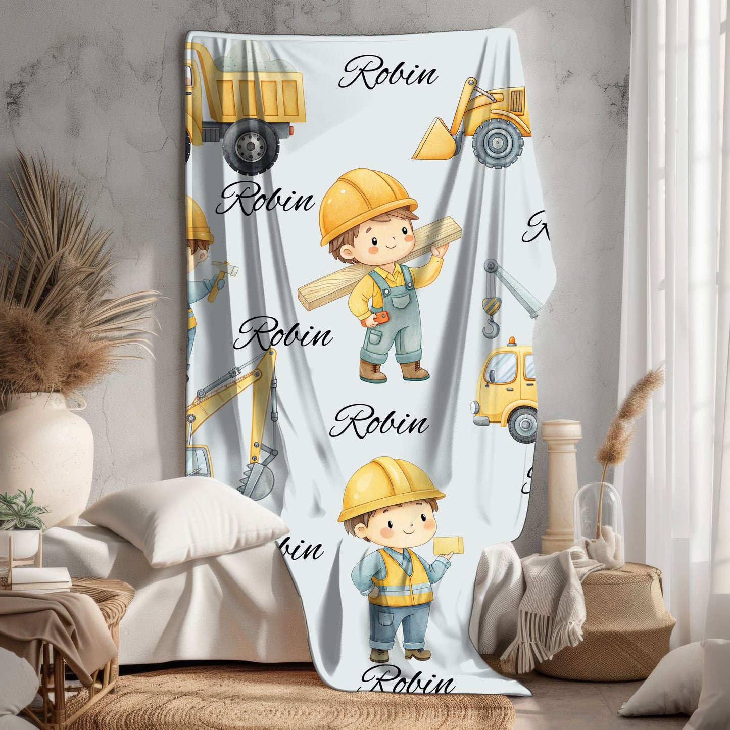 Kids' Construction-Themed Velveteen Plush Blanket