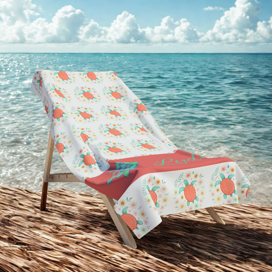 Personalized Sea Turtle Beach Towel — Coral Floral Pattern with Name