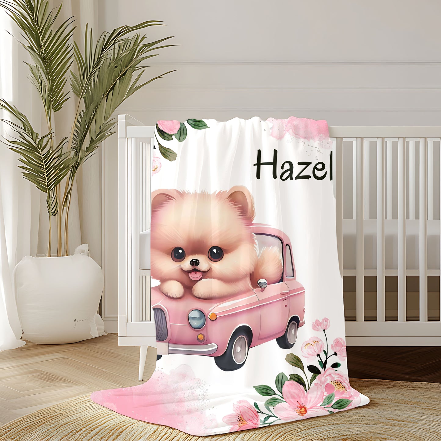 Personalized Plush Blanket with Cute Puppy Design, Soft Throw Blanket, Pet Lover Gift, Cozy Home Decor, Baby Shower Gift, Floral Accent