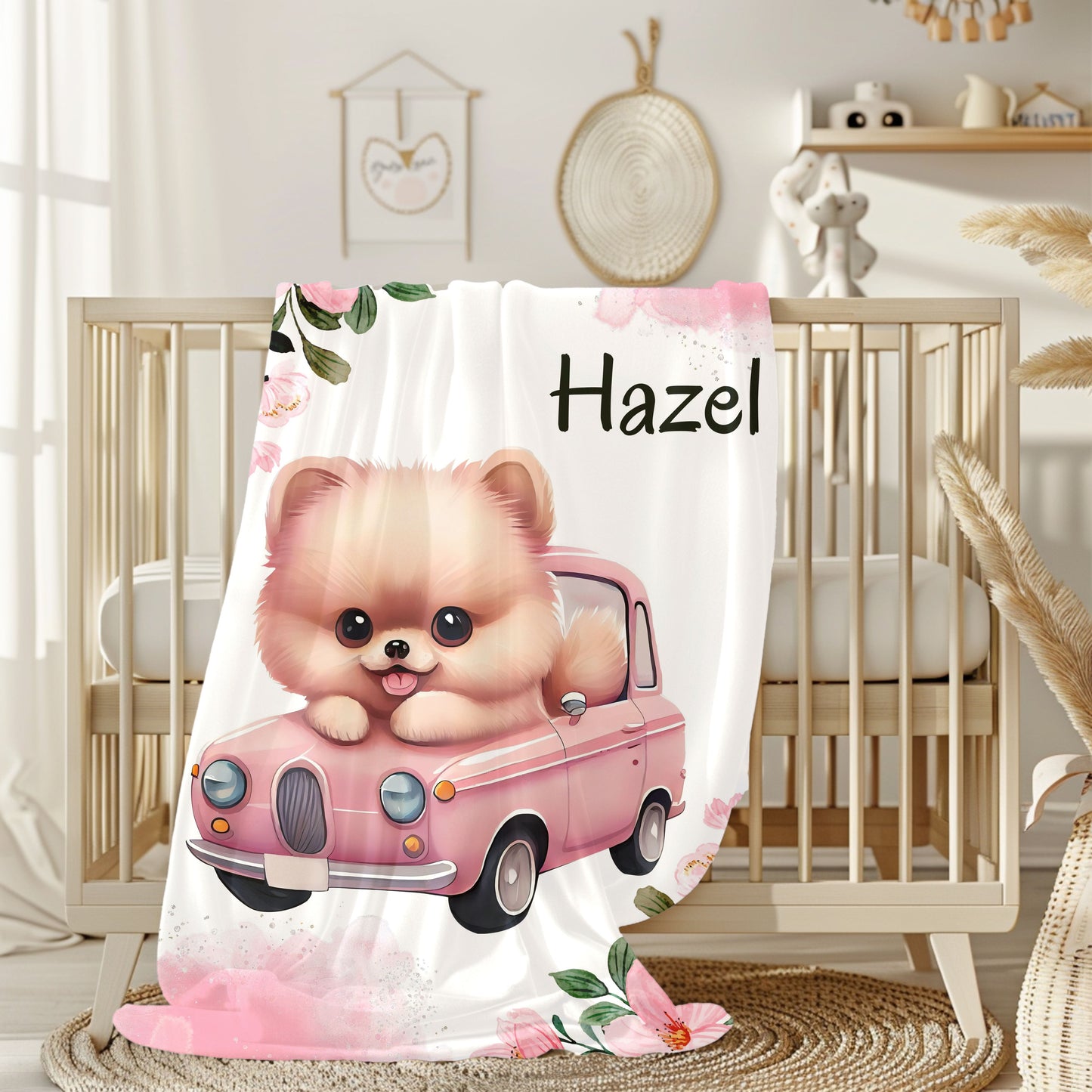 Personalized Plush Blanket with Cute Puppy Design, Soft Throw Blanket, Pet Lover Gift, Cozy Home Decor, Baby Shower Gift, Floral Accent