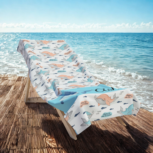 Personalized Whale Beach Towel – Custom Name Coastal Ocean Pattern