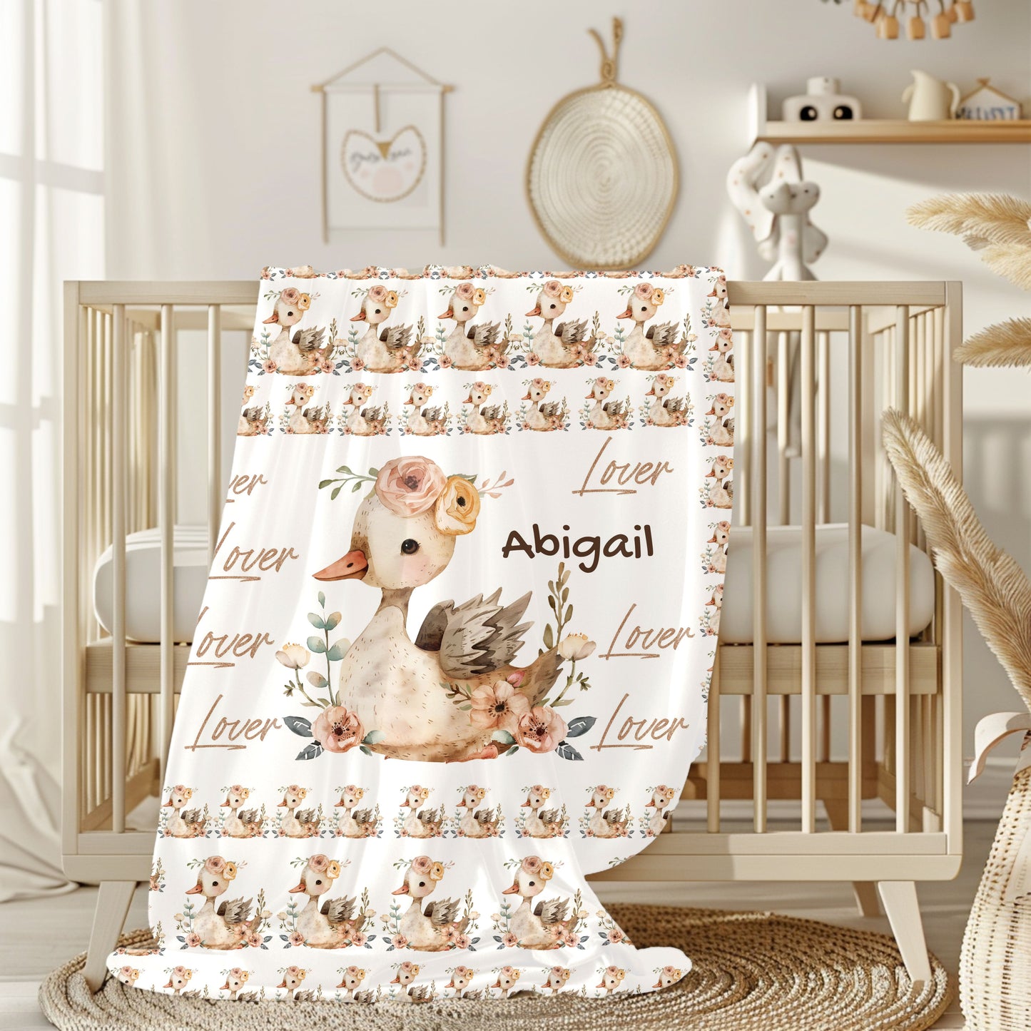 Personalized Velveteen Plush Blanket with Floral Duck Design | Cozy Gift for Baby Nursery, Birthday, Baby Shower, New Parents