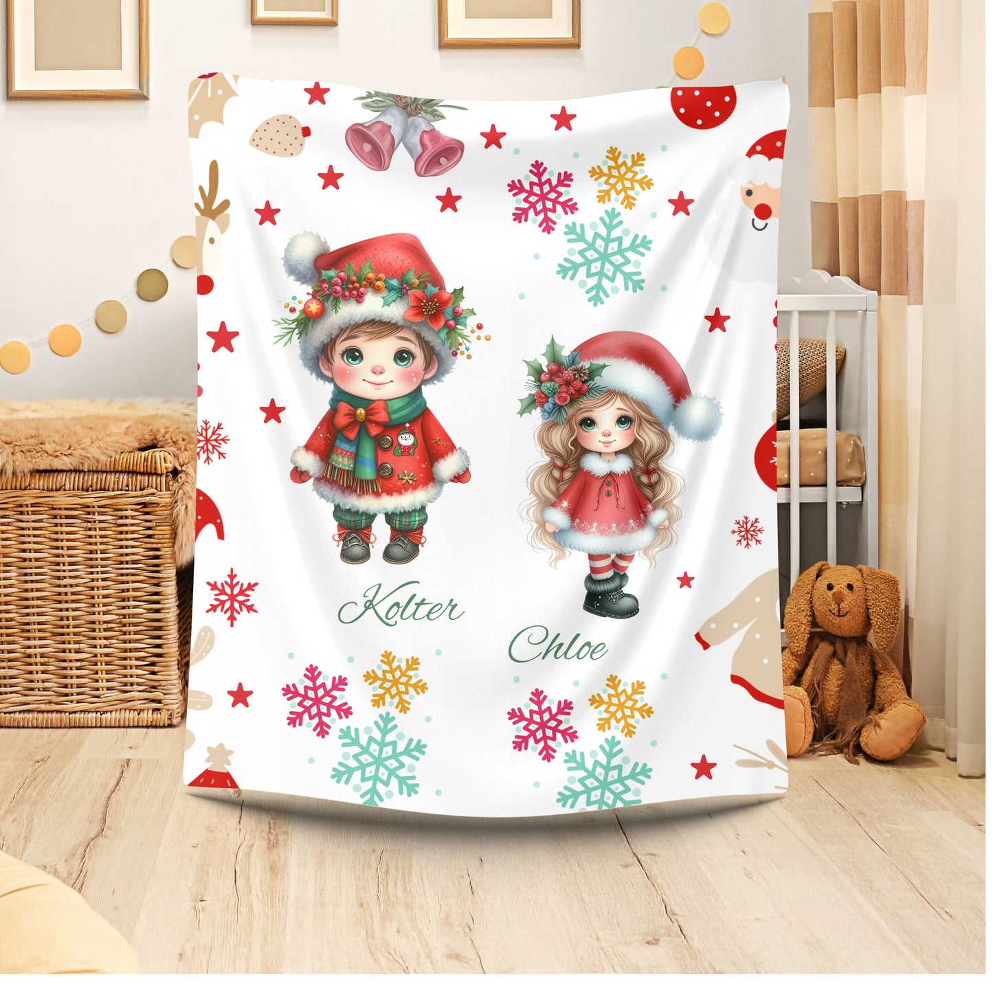 Personalized Christmas Velveteen Plush Blanket with Cute Holiday Dolls