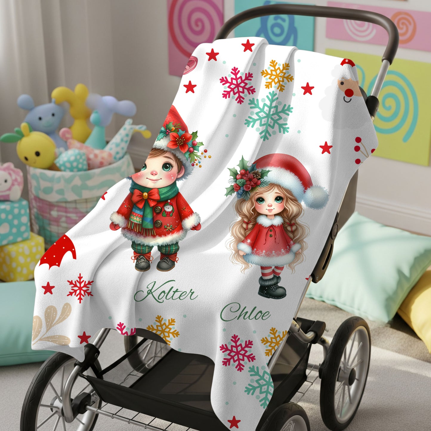 Personalized Christmas Velveteen Plush Blanket with Cute Holiday Dolls