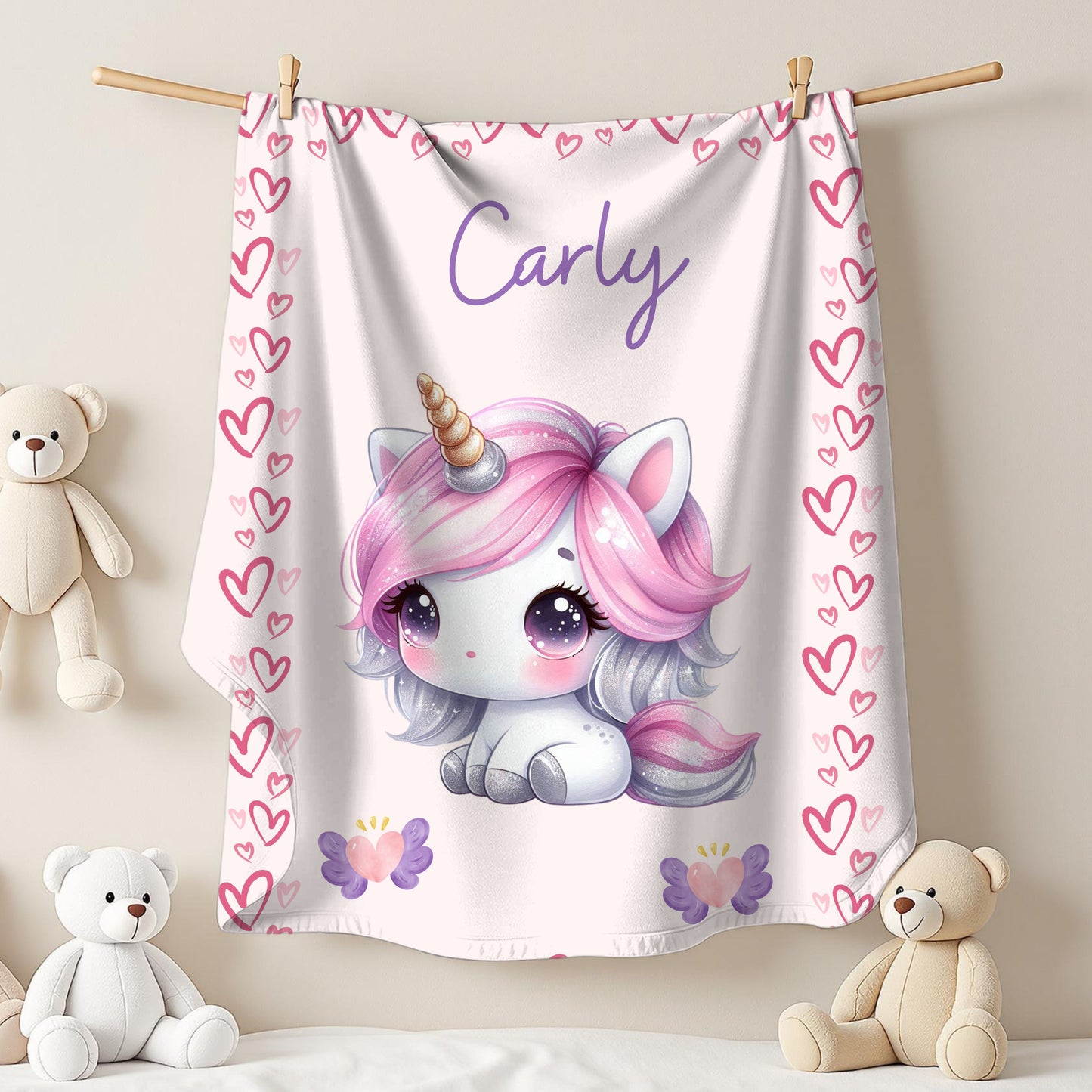Personalized Unicorn Velveteen Plush Blanket, Custom Baby Blanket, Kids Blanket, Cozy Gift, Soft Throw Blanket, Nursery Decor