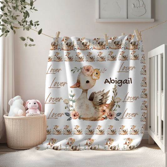 Personalized Velveteen Plush Blanket with Floral Duck Design | Cozy Gift for Baby Nursery, Birthday, Baby Shower, New Parents