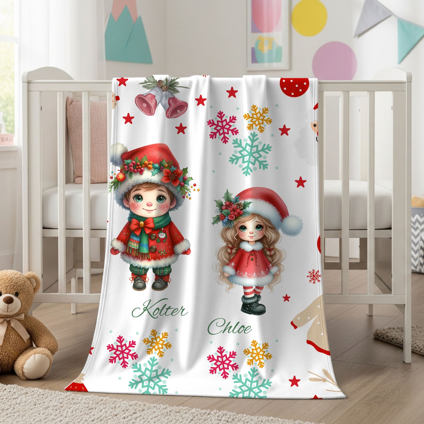 Personalized Christmas Velveteen Plush Blanket with Cute Holiday Dolls