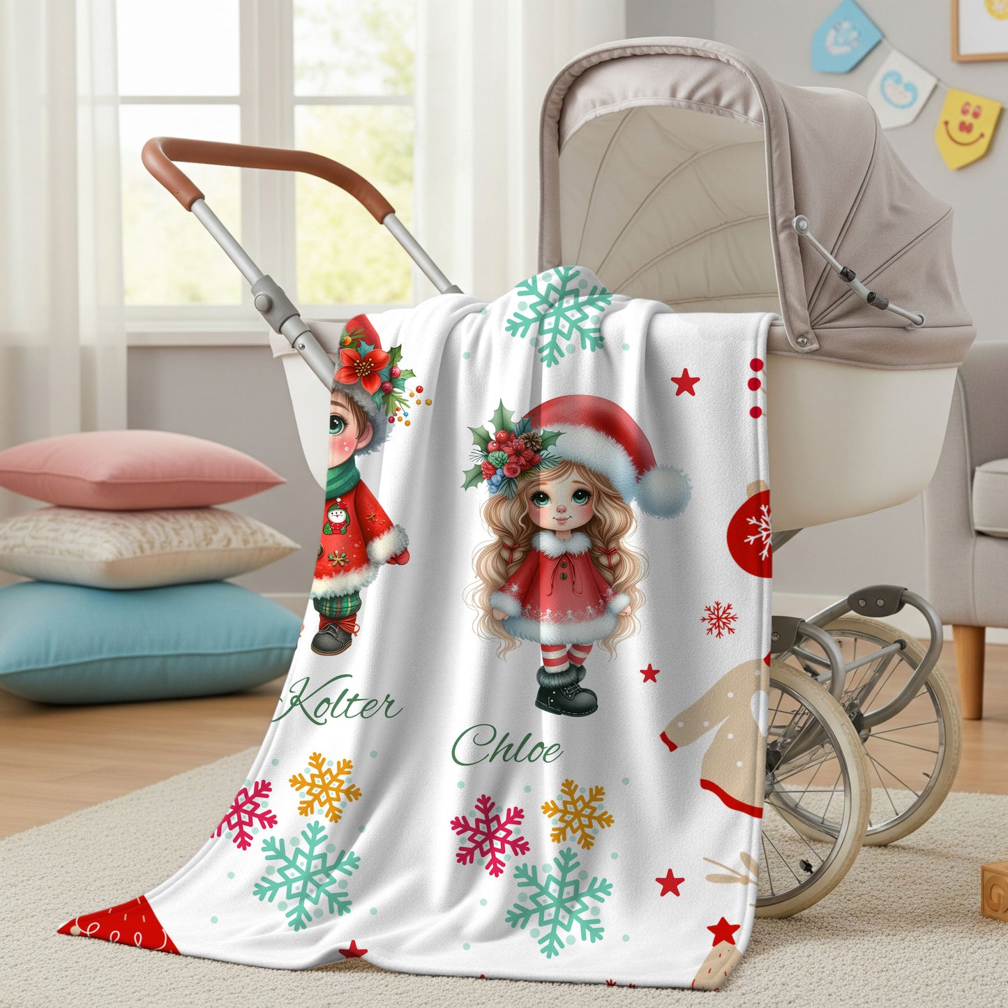 Personalized Christmas Velveteen Plush Blanket with Cute Holiday Dolls
