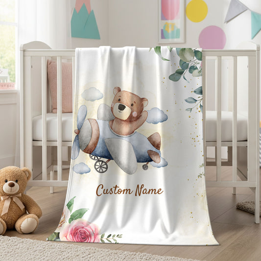 Personalized Velveteen Plush Blanket with Custom Name, Kids Blanket, Nursery Decor, Baby Shower Gift, Floral Bear Design