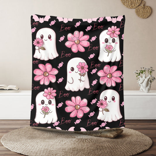 Cute Ghost Velveteen Plush Blanket, Cozy Throw Blanket, Halloween Decor, Gift for Kids, Soft Plush Blanket