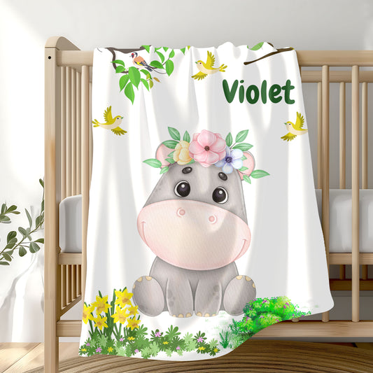 Cozy Velveteen Plush Blanket with Adorable Floral Hippo Design – Perfect for Baby Showers, Gifts, Home Decor, Nursery, Child's Room