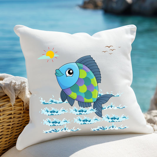 Fish with a sun and birds in the sky above water Spun Polyester Square Pillow