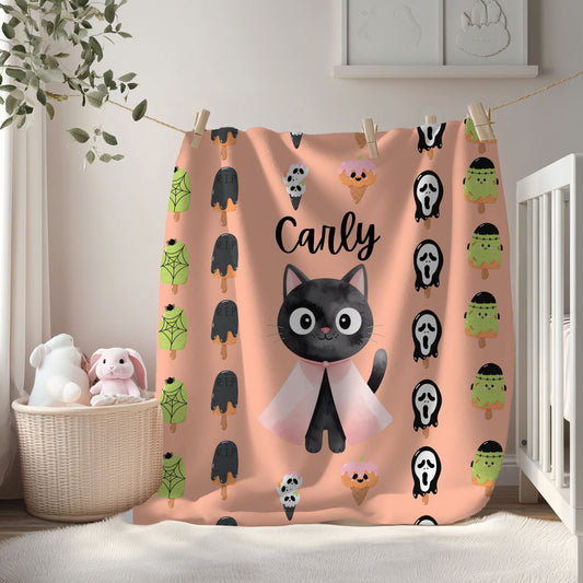 Adorable Personalized Cat Plush Blanket for Kids, Cozy Halloween Blanket, Cute Gift for Cat Lovers, Child's Room Decor, Fleece Throw