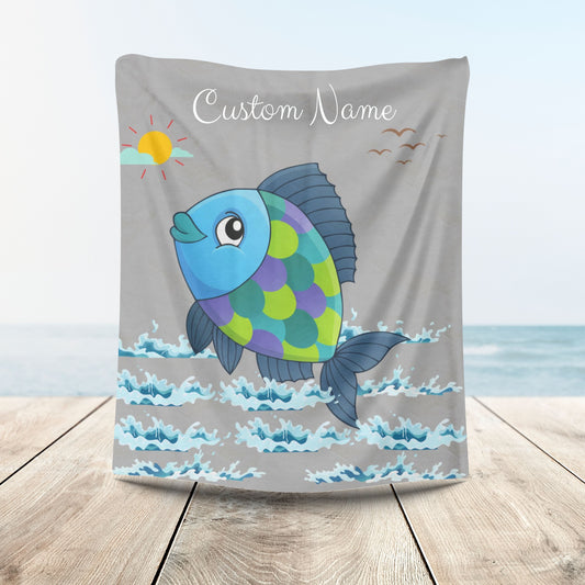 Fish with a sun and birds in the sky above water Velveteen Plush Blanket