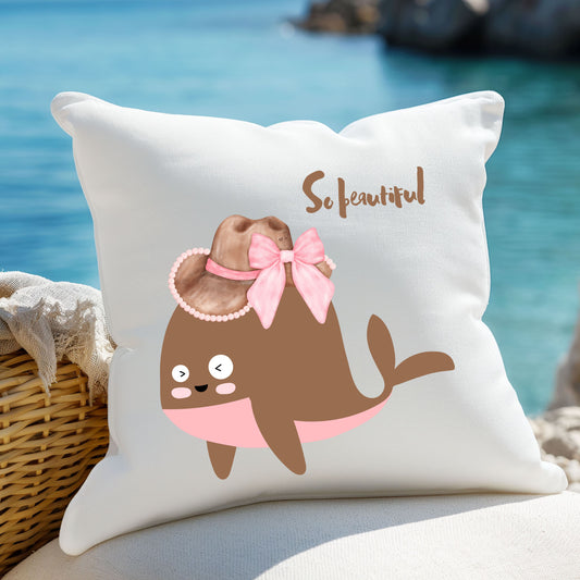 Whale wearing a cowboy hat with a pink bow Spun Polyester Square Pillow