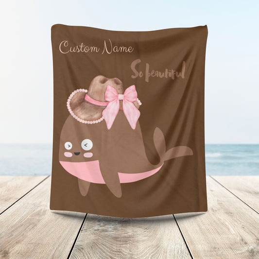 Whale wearing a cowboy hat with a pink bow Velveteen Plush Blanket