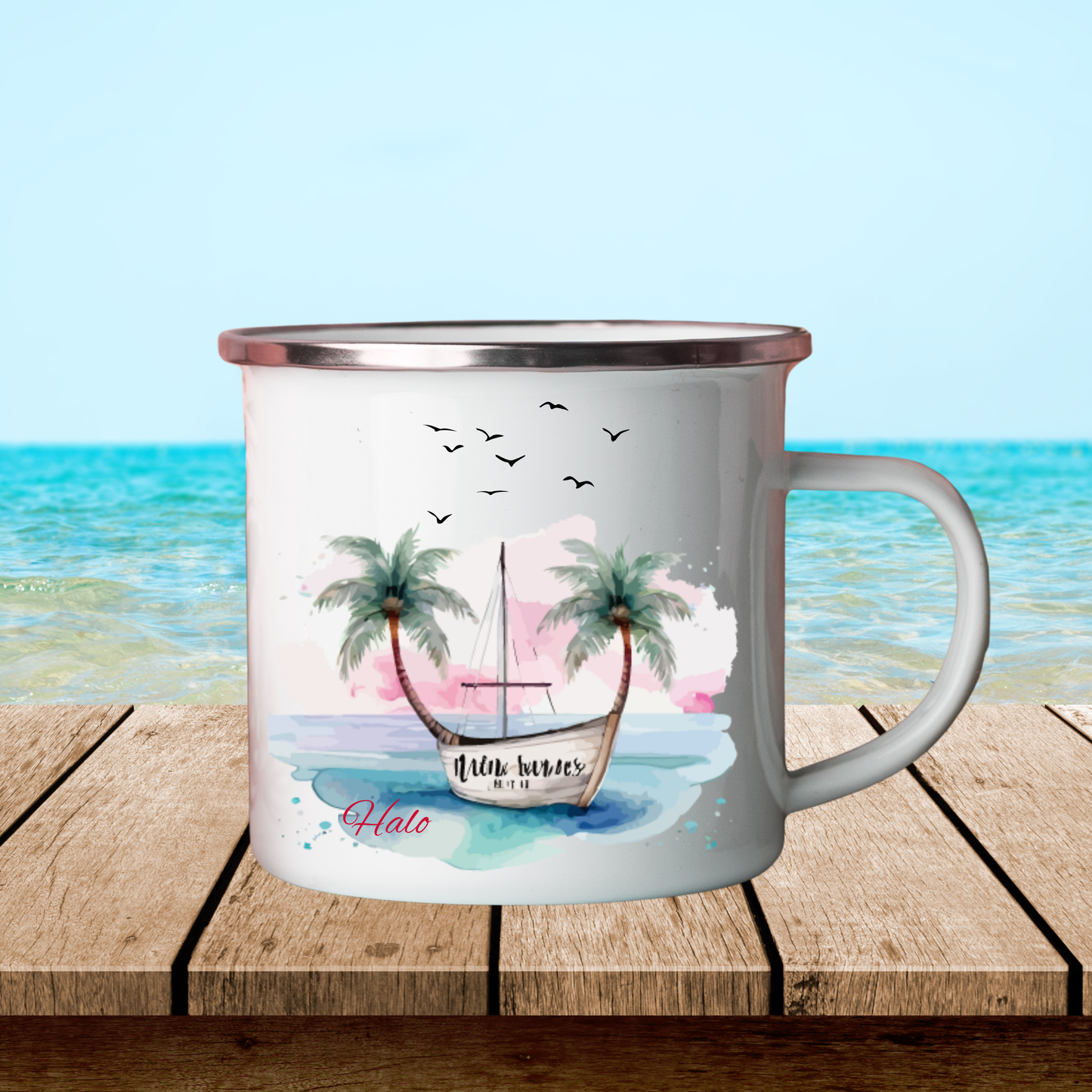 Coastal Enamel Camping Mug with Palm Trees and Boat Design