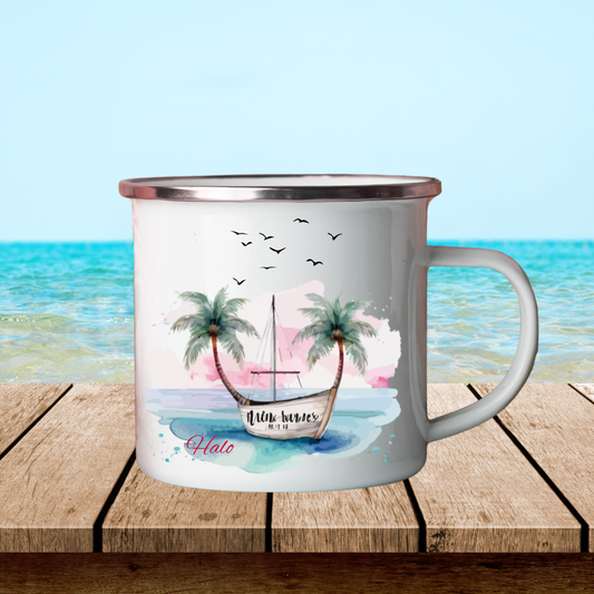 Coastal Enamel Camping Mug with Palm Trees and Boat Design