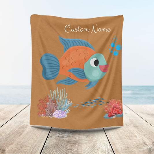 Orange and blue fish with coral and bubble Velveteen Plush Blanket