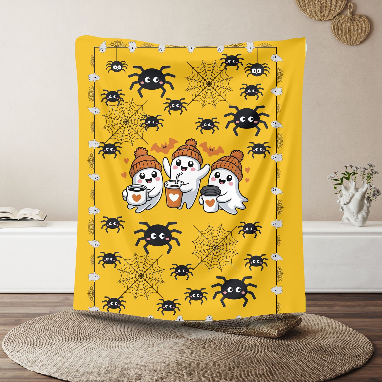 Cozy Halloween Velveteen Plush Blanket for Spooky Nights, Ghosts and Spiders Design, Perfect for Fall Decor, Gift, and Movie Nights