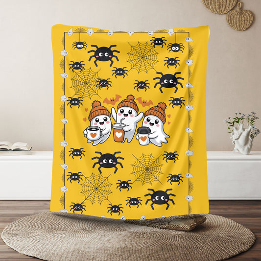 Cozy Halloween Velveteen Plush Blanket for Spooky Nights, Ghosts and Spiders Design, Perfect for Fall Decor, Gift, and Movie Nights