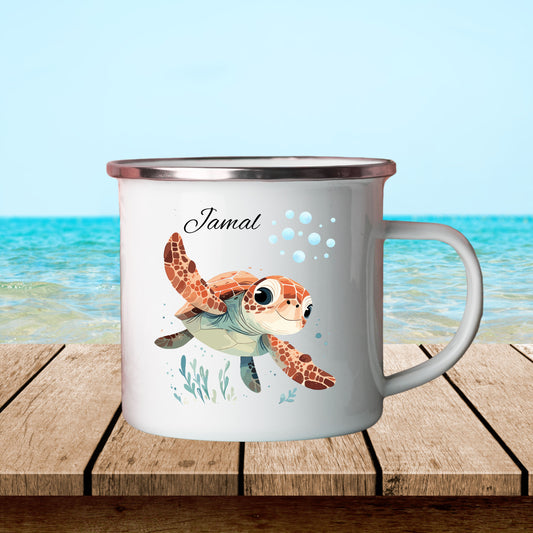 Personalized Enamel Camping Mug with Cute Turtle Design