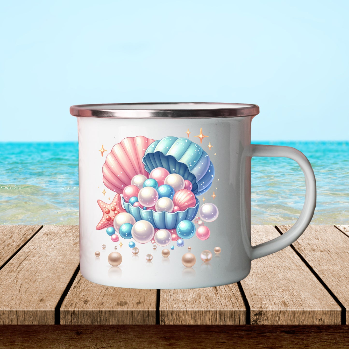 Coastal Charm Enamel Camping Mug - Seashells & Pearls Design