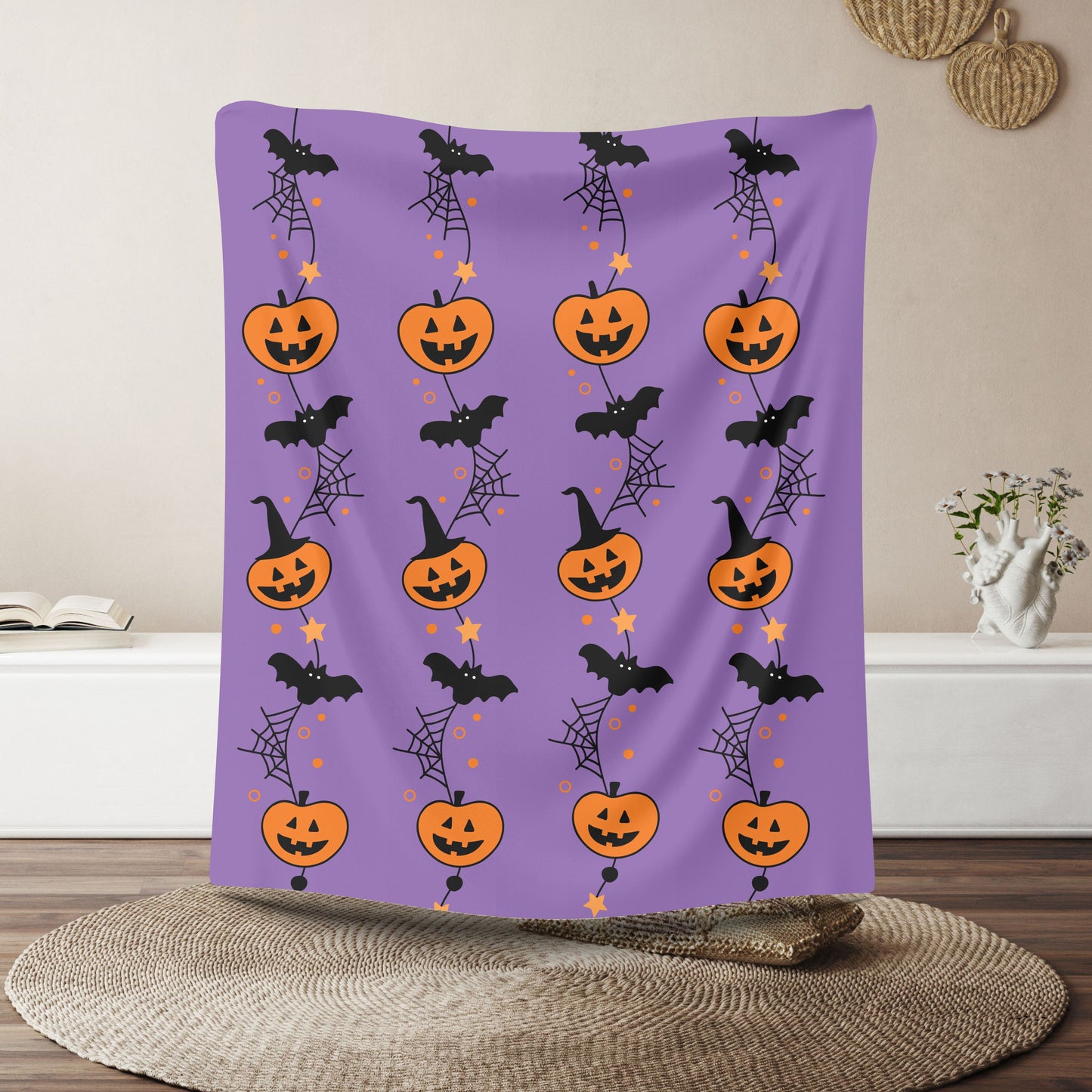 Halloween Velveteen Plush Blanket, Cozy Throw for Fall, Pumpkin and Bat Decor, Perfect for Spooky Season, Couch Blanket