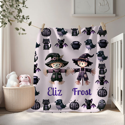 Personalized Halloween Velveteen Plush Blanket | Cozy Fall Decor, Unique Gift, Witch, Cat, Spooky Design, Kids' Bedroom, Halloween
