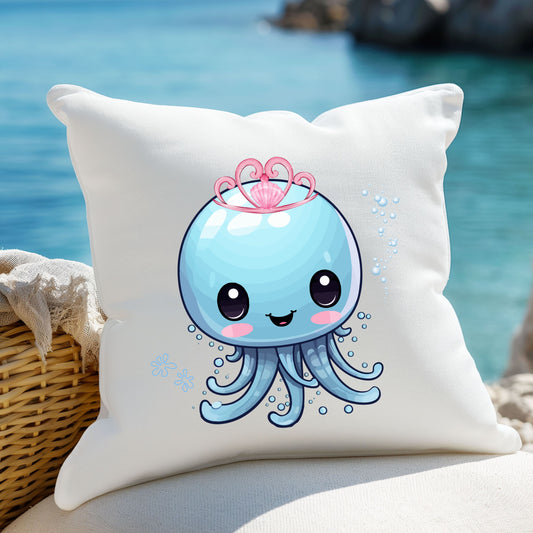 Blue jellyfish with a pink tiara Spun Polyester Square Pillow