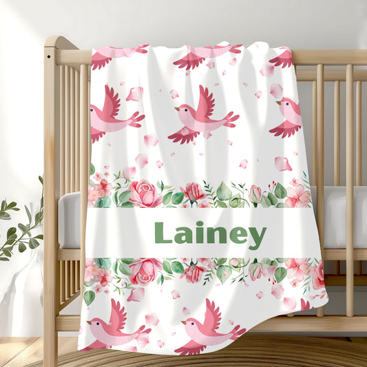 Personalized Floral Bird Plush Blanket, Cozy Blanket, Gift for Her, Nursery Decor, Baby Shower, Kids Room, Warm Throw