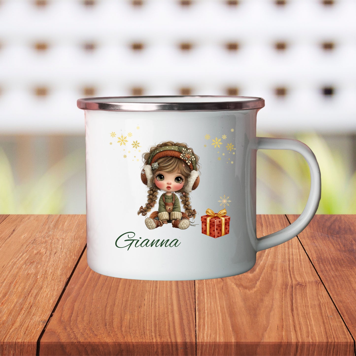 Personalized Enamel Camping Mug with Cute Winter Design