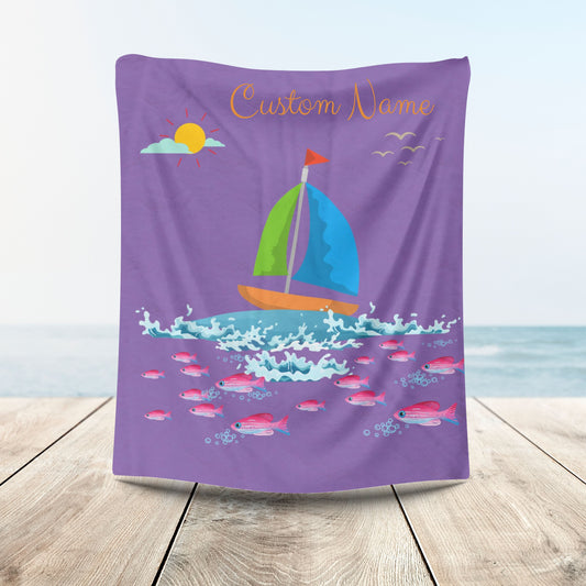 Sailboat and Red fish Velveteen Plush Blanket