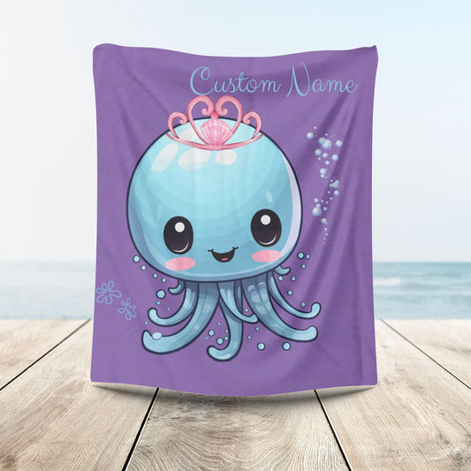 Blue jellyfish with a pink tiara Velveteen Plush Blanket